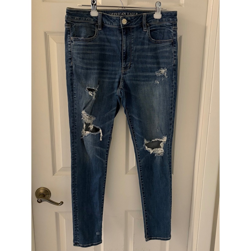 American Eagle Women's 14 Regular Hi-Rise Jegging Super Stretch Distressed Jeans